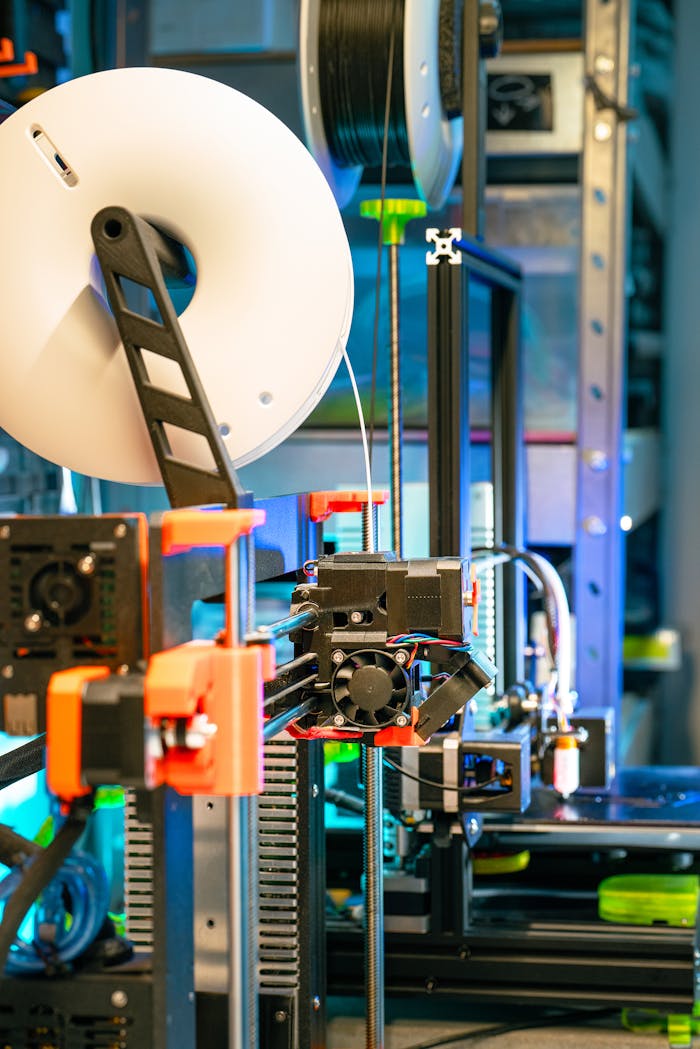 A state-of-the-art 3D printer in a modern workshop setting, showcasing technology and innovation.